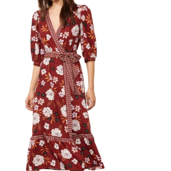 NWT Bb Dakota Blooming Business Floral Wrap MIDI Dress in Burgundy - Picture 1 of 9